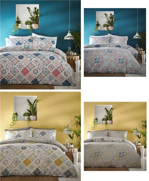 Teal duvet set moroccan tile pattern quilt cover pillow case reversible bedding