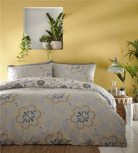 Ethnic duvet sets ochre yellow & grey moroccan tile pattern duvet cover bedding