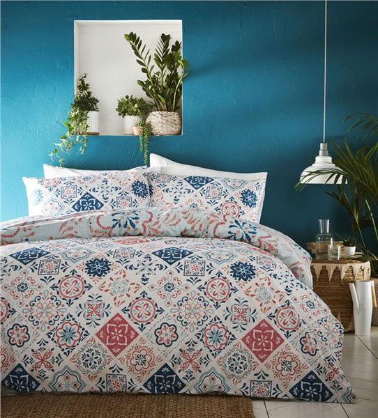 Teal duvet set moroccan tile pattern quilt cover pillow case reversible bedding