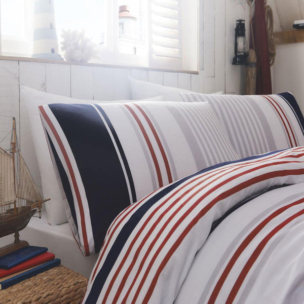Duvet Set Quilt Cover Nautical Stripe Red White Navy Blue Grey New England Style