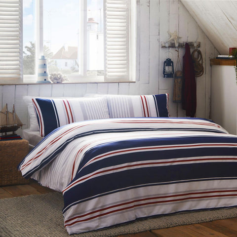 Duvet Set Quilt Cover Nautical Stripe Red White Navy Blue Grey New England Style