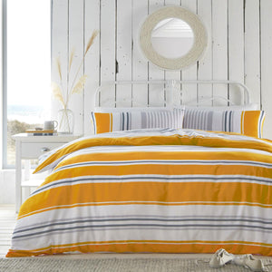 Duvet set quilt cover pillow cases stripes golden yellow grey reversible bed set