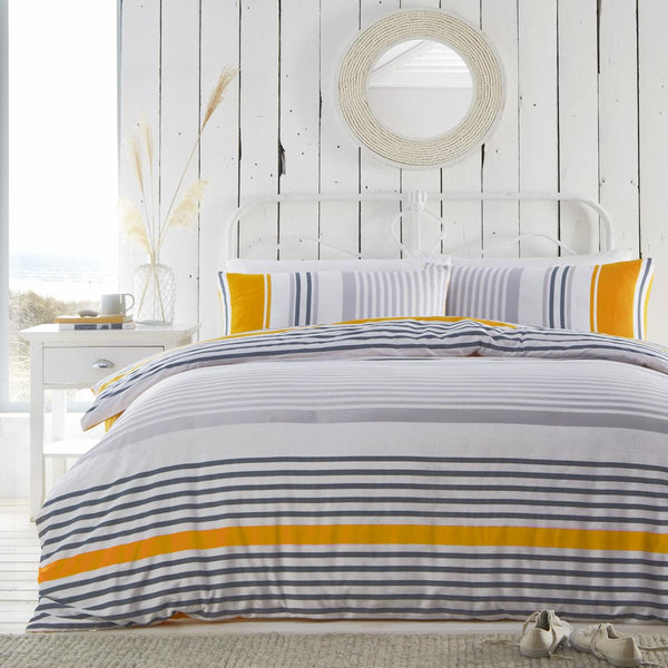 Duvet set quilt cover pillow cases stripes golden yellow grey reversible bed set