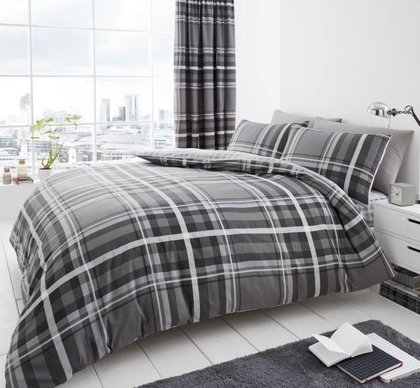 Grey duvet set bedding check quilt cover pillow cases contemporary tartan