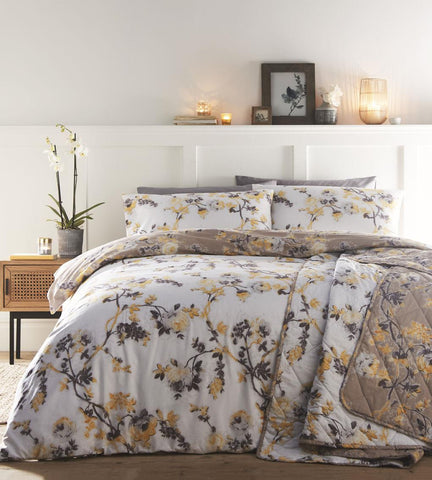 Duvet sets ochre yellow oriental blossom flowers quilt cover reversible bedding