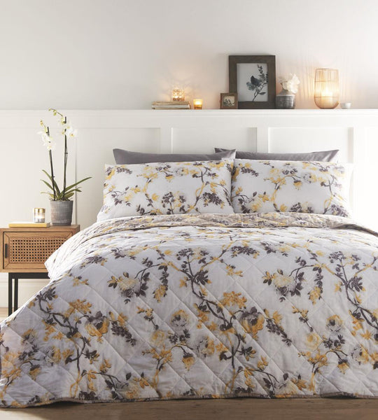 Duvet sets ochre yellow oriental blossom flowers quilt cover reversible bedding