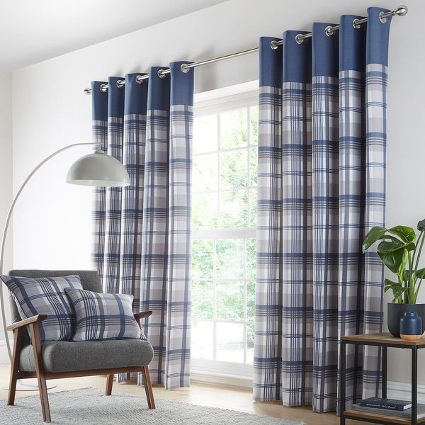 Curtains Blue Grey eyelet ring top lined curtains tartan check ready made