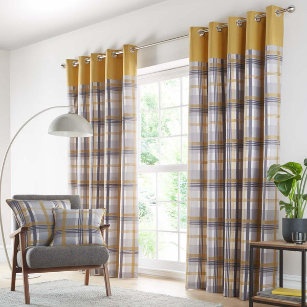Check curtains eyelet ring top lined ochre yellow grey taupe tartan ready made
