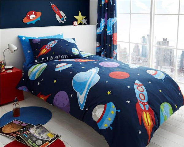 Single duvet set outer space rocket aliens spaceship planets boys bedding cover