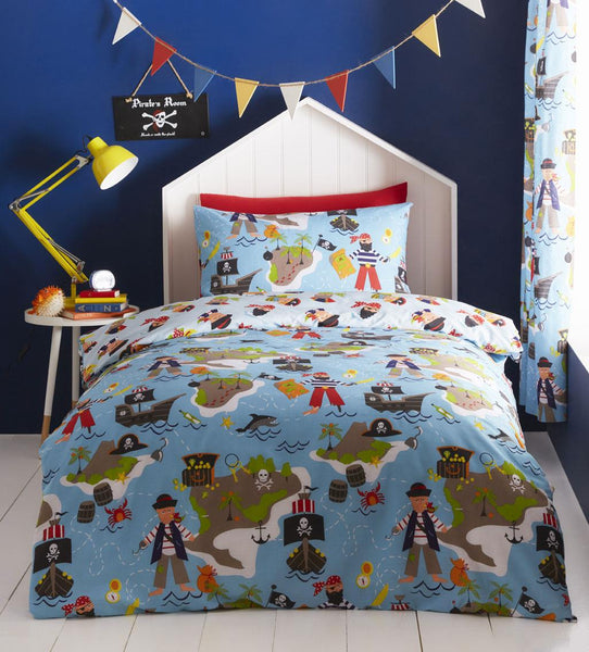 Pirates duvet set map treasure island boys blue bedding & curtains available