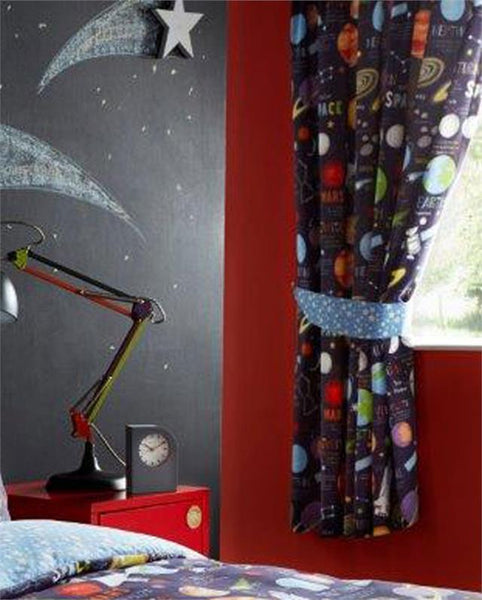 Curtains lined pencil pleat style childrens bedroom outer space planets rockets
