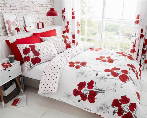 Duvet set red poppies poppy flower print quilt cover & pillow cases bedding