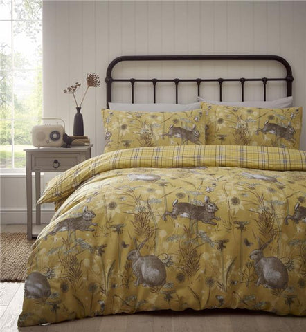 Duvet set rabbit meadow quilt cover & pillow cases check bedding reverse