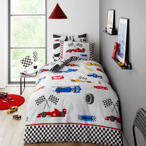 Boys duvet cover set grey track racing cars single bedding checkered flag