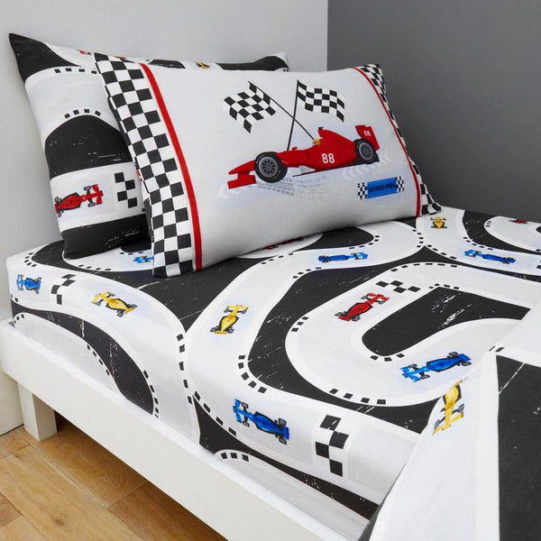 Boys duvet cover set grey track racing cars single bedding checkered flag