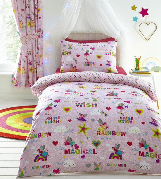 Girls duvet cover set rainbows fairies pink bedding & curtains available