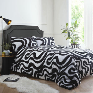 Retro bedding duvet cover set black white seventies psychedelic print swirl wave