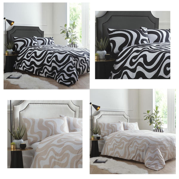 Retro bedding duvet cover set black white seventies psychedelic print swirl wave