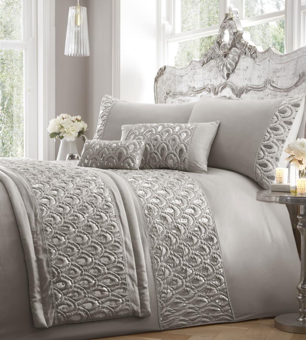 Grey duvet cover set bedding soft embellished silver sequin diamante sparkle