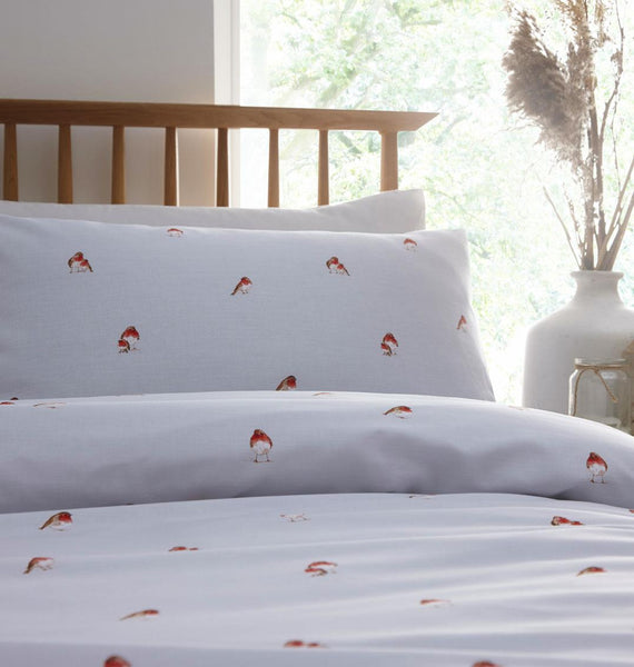 Duvet set bed quilt cover pillow cases little robin red breast grey bedding