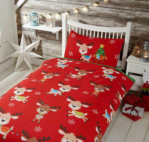 Childrens Christmas Bedding Duvet Set Red Xmas Quilt Cover Baby Rudolph Reindeer