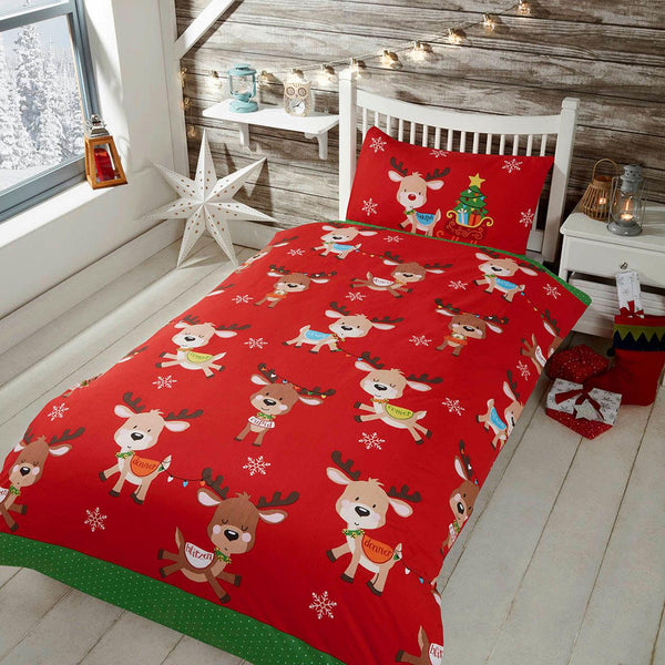 Childrens Christmas Bedding Duvet Set Red Xmas Quilt Cover Baby Rudolph Reindeer