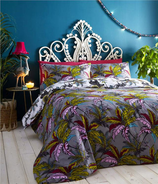 Duvet Sets Grey Exotic Leaf Jungle Palm Tree Quilt Cover Reversible Bedding