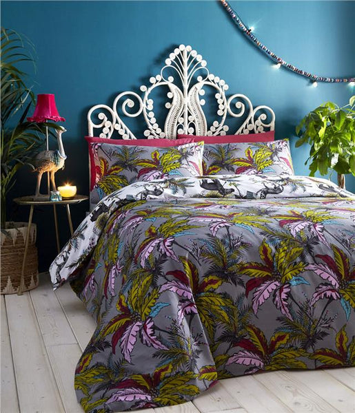 Duvet Sets Grey Exotic Leaf Jungle Palm Tree Quilt Cover Reversible Bedding