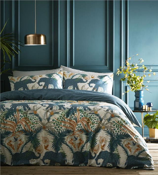Duvet sets Indian elephant teal & ochre tropical palm fern quilt cover ...
