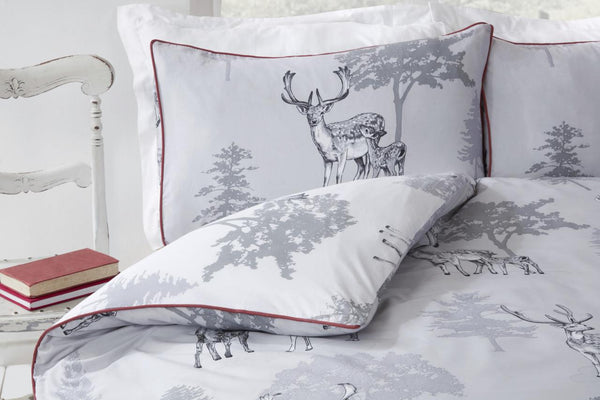 Grey Duvet Set Winter Countryside Stag Quilt Cover Rustic Reversible Bedding