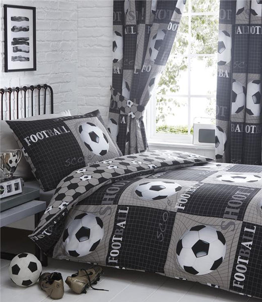 Football curtains pair of pencil pleat style black childrens bedroom curtains