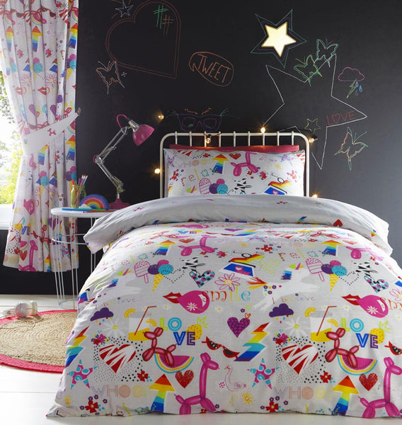 Girls duvet set party doodle design tween childrens bedding & curtains available