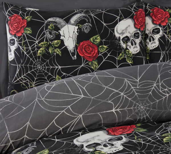 Duvet Set Black Goth Spider Web Roses Skulls Dark Halloween Bedding Quilt Cover