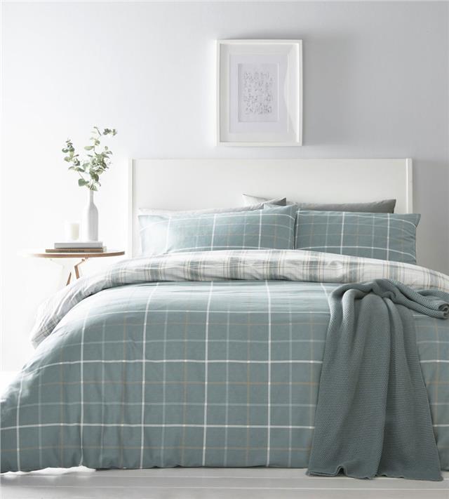 Tartan duvet set quilt cover & pillow case duck egg teal check bedding