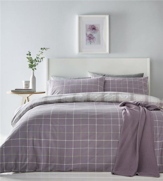 Tartan check duvet set quilt cover & pillow case ochre duckegg or mauve purple