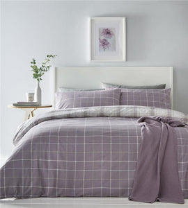 Duvet set quilt cover & pillow cases set mauve tartan check reversible bedding