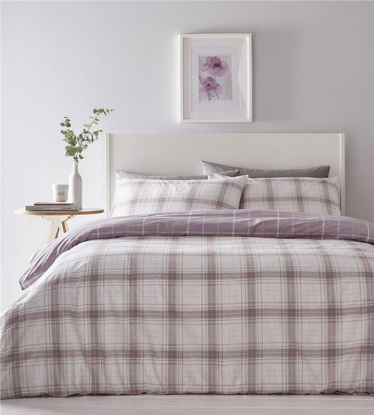 Duvet set quilt cover & pillow cases set mauve tartan check reversible bedding