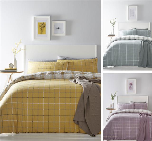 Tartan check duvet set quilt cover & pillow case ochre duckegg or mauve purple