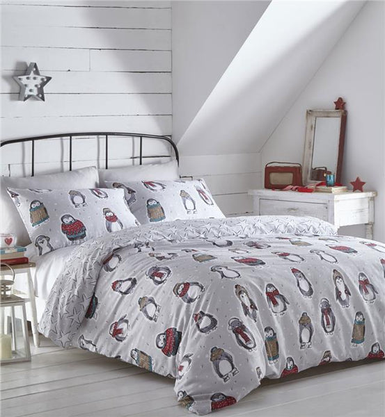 Grey duvet sets winter penguins stars quilt cover pillow cases Chistmas bedding