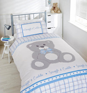 SINGLE Duvet Set Boys Blue Grey Cute Teddy Bear Bedding Quilt Cover Pillow Case