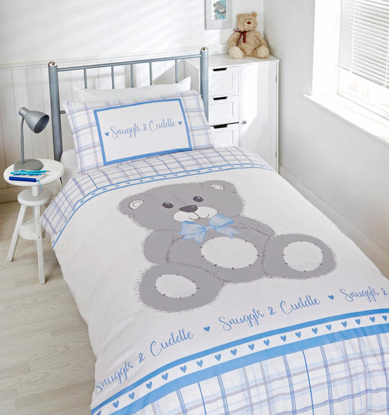 SINGLE Duvet Set Boys Blue Grey Cute Teddy Bear Bedding Quilt Cover Pillow Case