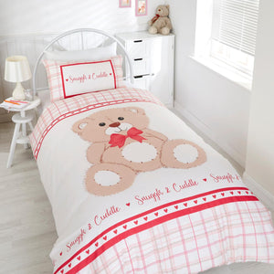 SINGLE Duvet Set Girls Red Pink Cute Teddy Bear Bedding Quilt Cover Pillow Case