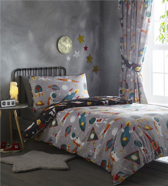 Curtains lined pencil pleat childrens bedroom grey outer space astronaut rockets