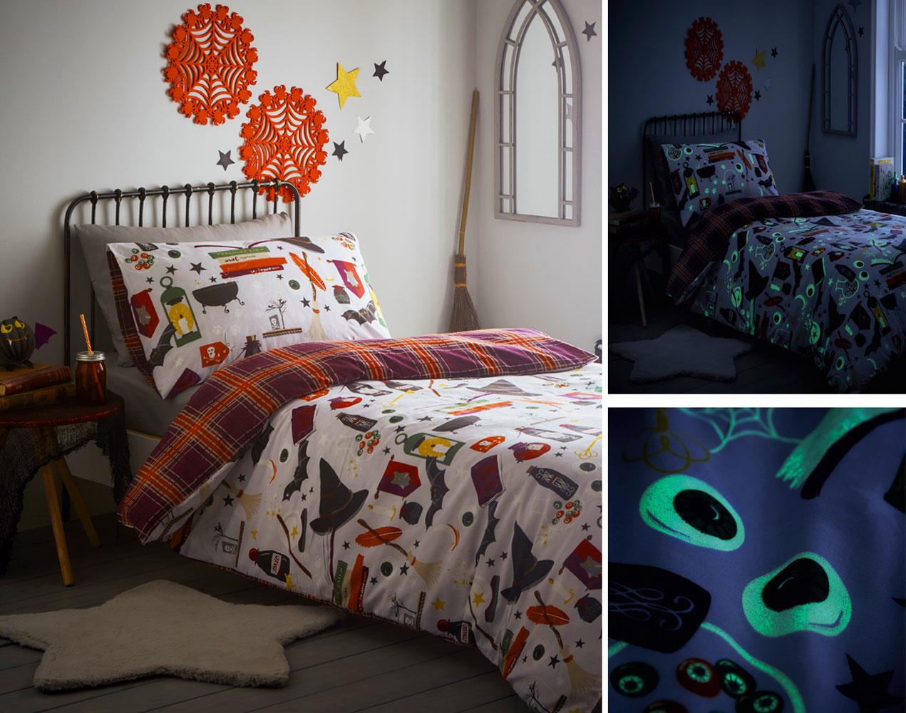 Duvet set quilt cover pillow cases wizard witches wands glow in the dark bedding