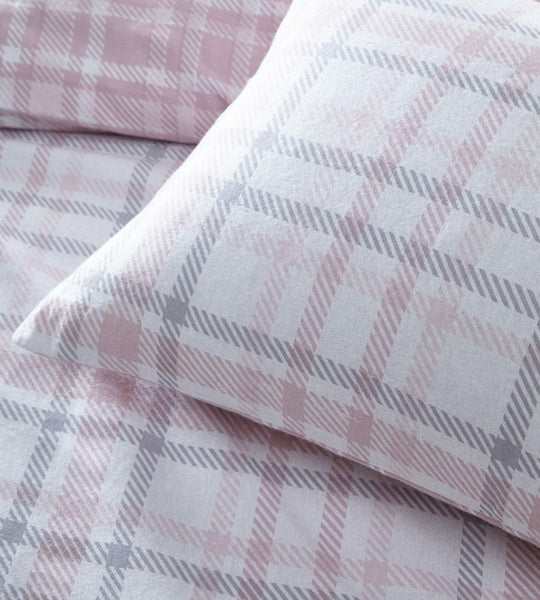 Pink bedding duvet set check cover cosy warm brushed cotton tartan flannelette