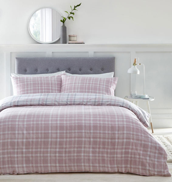 Pink bedding duvet set check cover cosy warm brushed cotton tartan flannelette