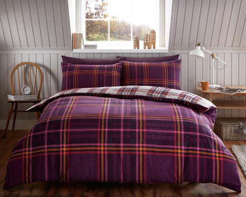 Brushed cotton duvet cover set purple flannelette tartan check cotton bedding