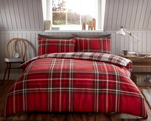 Brushed cotton duvet set red tartan check flannelette quilt cover cotton bedding