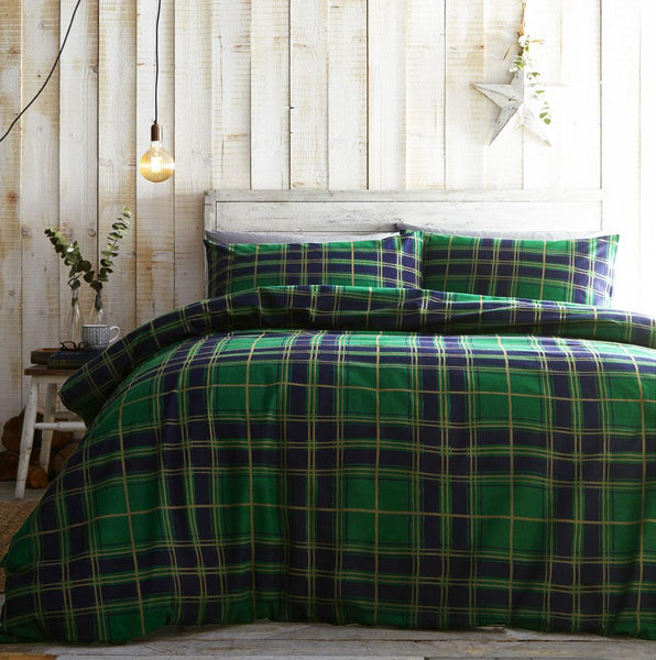 Brushed cotton duvet set check flannelette quilt cover bedding green navy tartan