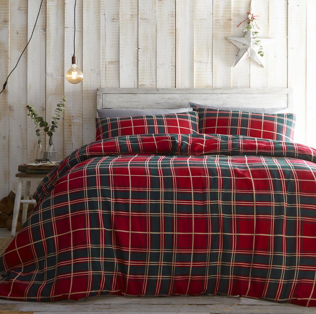 Brushed cotton duvet set check flannelette quilt cover bedding red green tartan